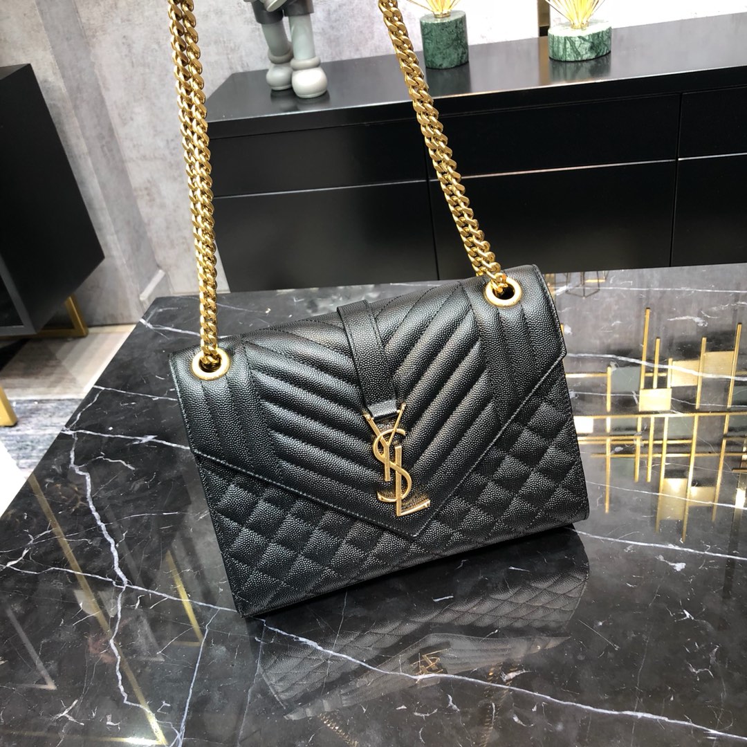 Saint Laurent Envelope Grain Quilted Calfskin Handbag Black 600185 Gold